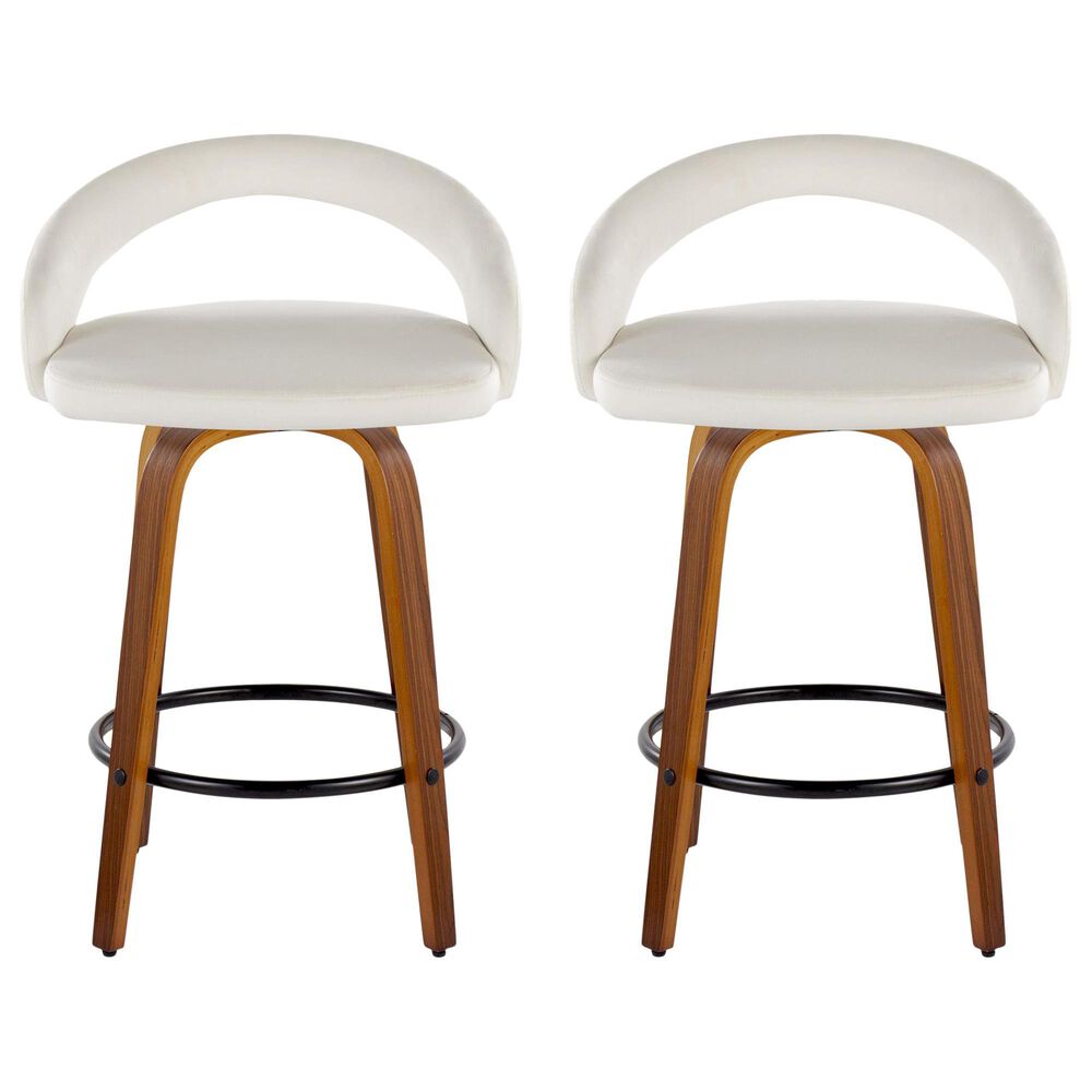 LumiSource Grotto Swivel Counter Stool with White Velvet Upholstery in Walnut Wood and Black (Set of 2), , large