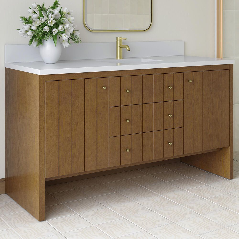 James Martin Hudson 60" Single Bathroom Vanity in Honey Oak with Single Hole 3 cm White Zeus Silestone Top and Rectangular Sink, , large