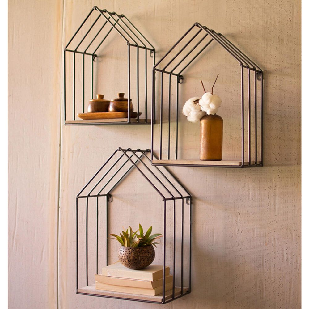 Kalalou Wood and Metal Shelves in Natural and Black - Set of 3, , large