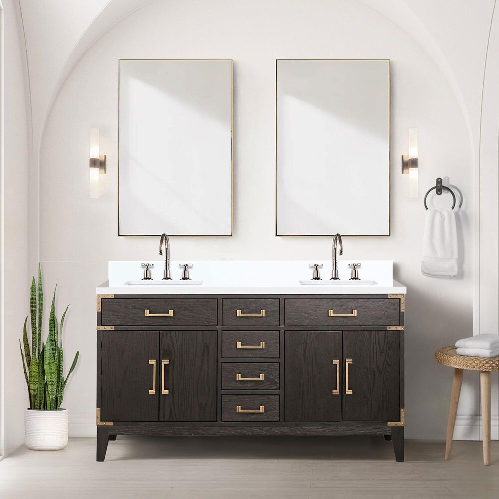 Lexora Home Laurel 60&quot; Double Bathroom Vanity in Brown Oak with White Quartz Top and Rectangular Sinks, , large