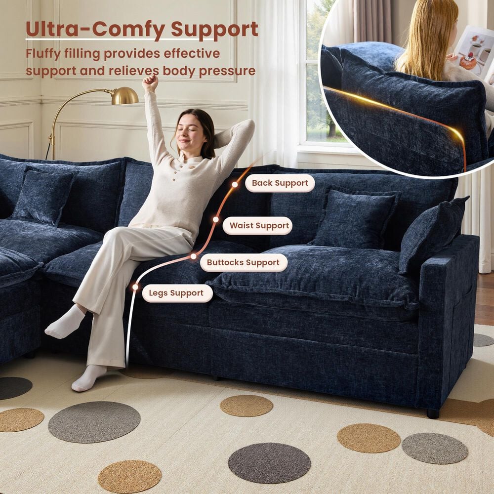 HOMLUX 107.87" Ultra-Comfort Chenille Sectional Sofa Set in Dark Blue, , large