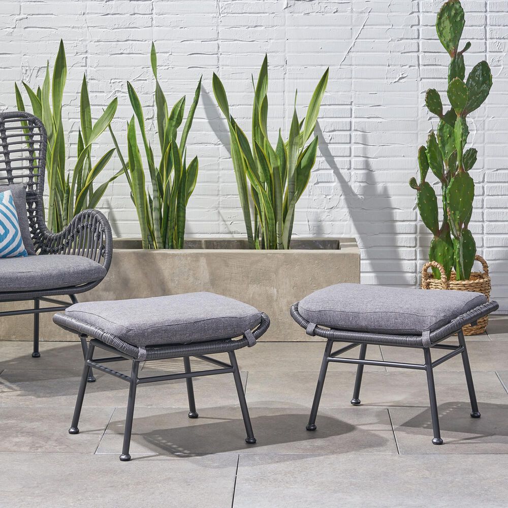 Hearth and Haven Montana Outdoor Ottoman with Gray Cushion in Black &#40;Set of 2&#41;, , large