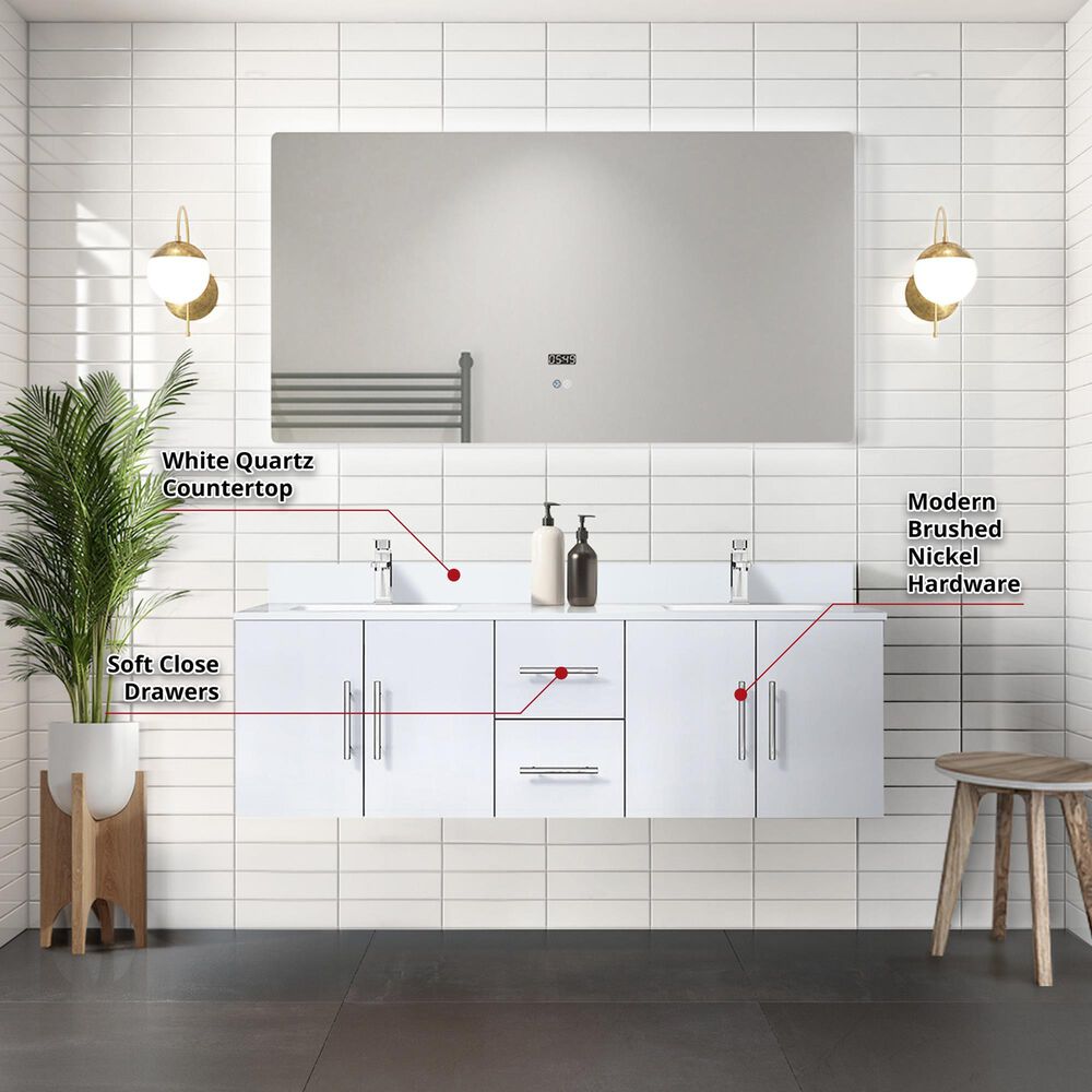 Lexora Home Geneva 60&quot; Double Bathroom Vanity in Glossy White with 2 cm White Quartz Top and Rectangular Sinks, , large