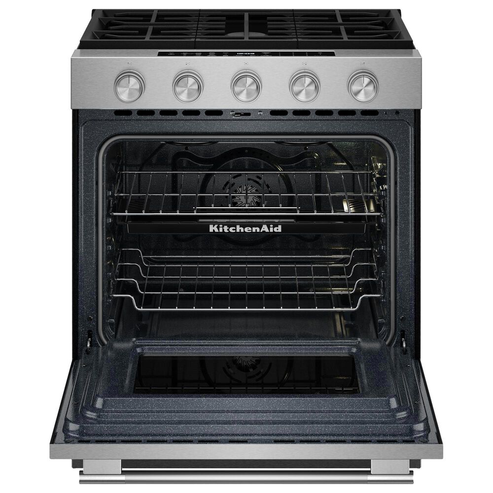 KitchenAid 2-Piece Kitchen Package with 5 Cu. Ft. Smart Slide-in Gas Range and 1.1 Cu. Ft. Multifunction Over-the-Range Microwave Oven in PrintShield Stainless Steel, , large