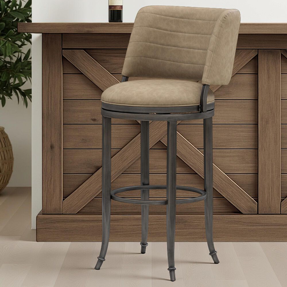 Armen Living Torres Bar Height Stool with Mushroom Brown Upholstery in Antique Pewter, , large