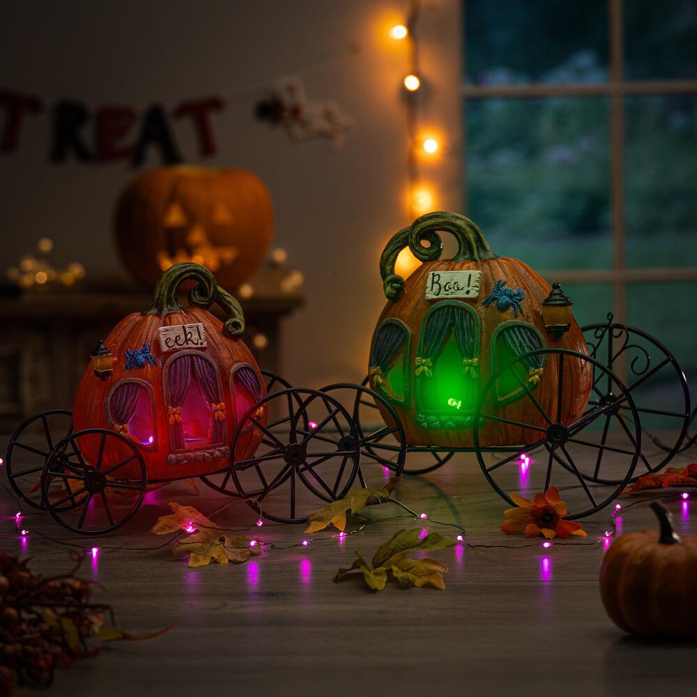 The Gerson Company 2-Piece B/O Lighted Resin and Metal Halloween Pumpkin Carriage Set in Assort, , large