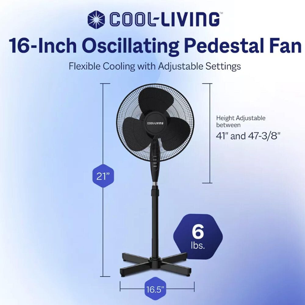 Cool-Living 16" 3-Speed Oscillating Pedestal Fan with Adjustable Height &amp; Tilt in Black, , large