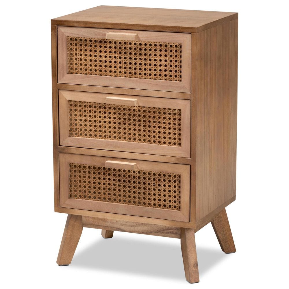 Baxton Studio Baden 3 Drawer Nightstand with Rattan in Walnut Brown, , large