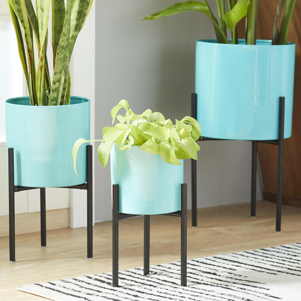 Maple and Jade Metal Planter with Removable Stand in Polished Teal and Black &#40;Set of 2&#41;, , large