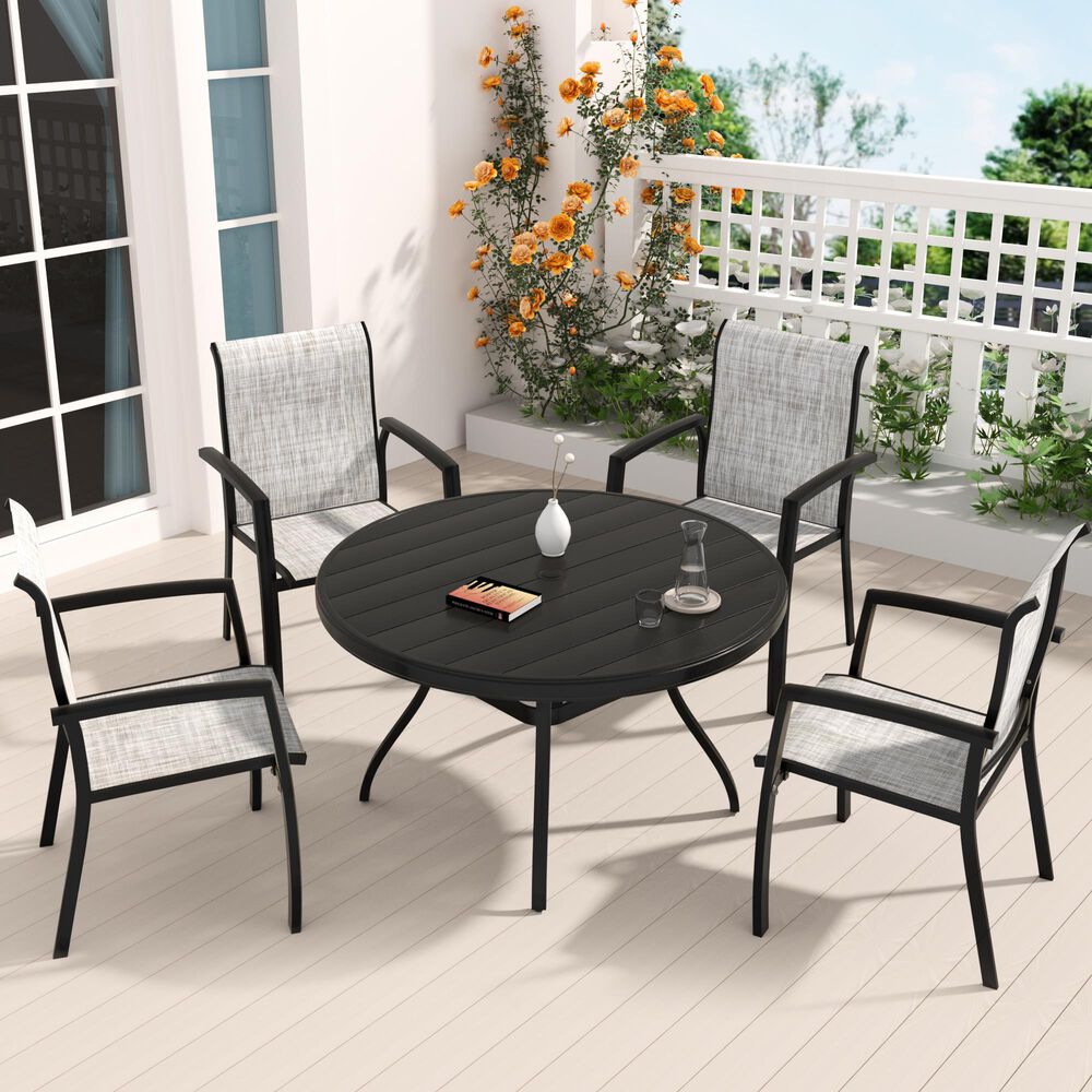 Hearth and Haven 5-Pieces Outdoor Dining Set with Stackable Chairs and Round Table in Black, , large