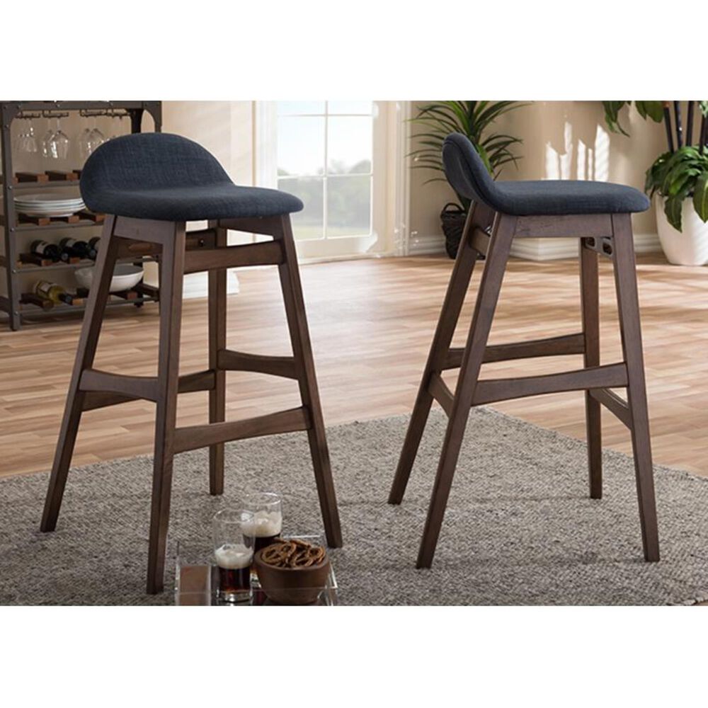 Baxton Studio Bloom Bar Stool with Dark Blue Cushion in Walnut - Set of 2, , large