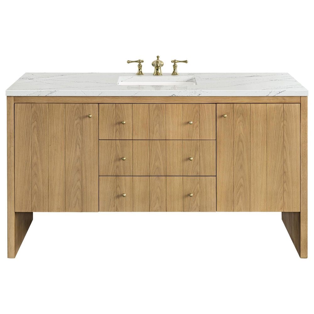 James Martin Vanities Hudson 60" Single Bathroom Vanity in Light Natural Oak with 3 cm Ethereal Noctis Quartz Top and Rectangular Sink, , large