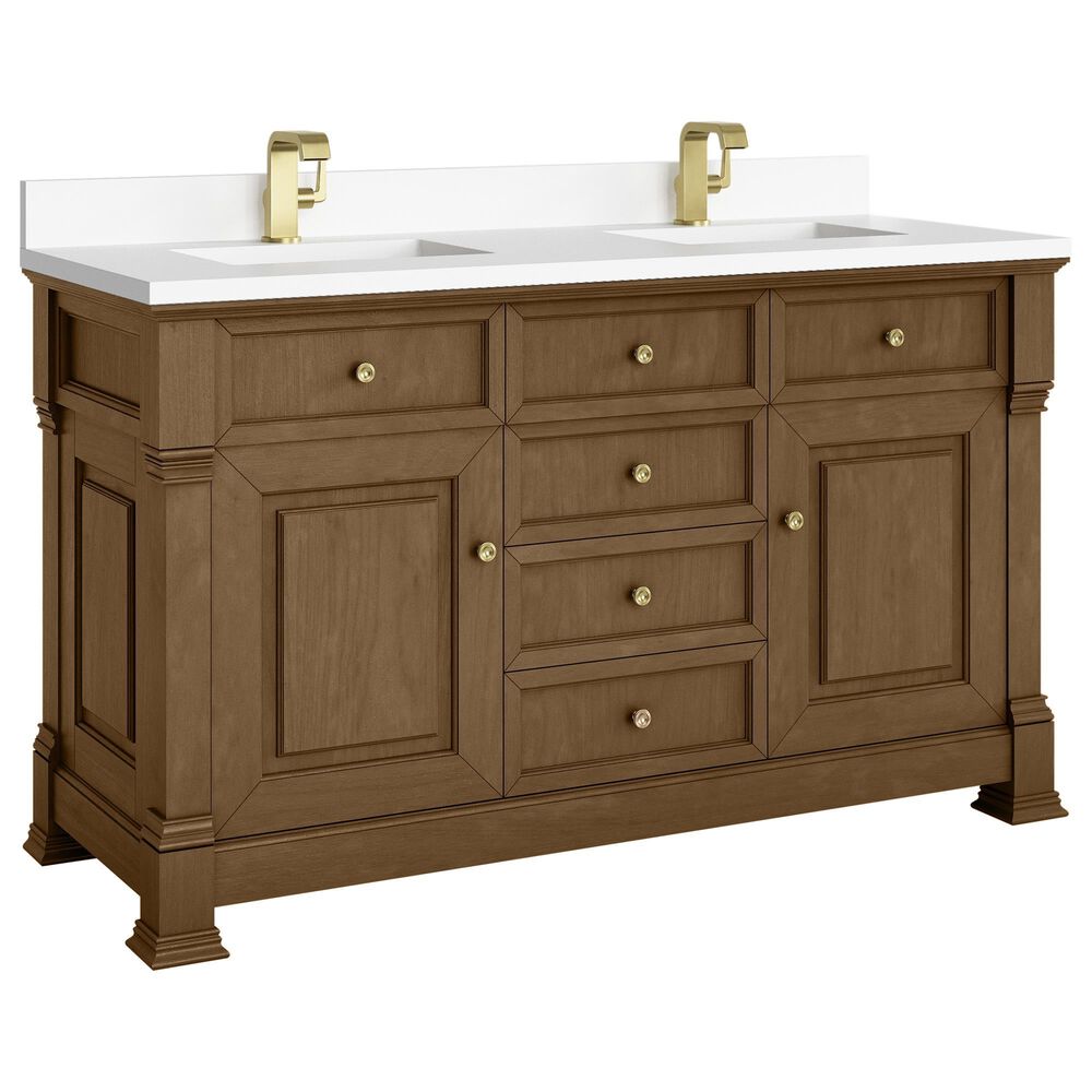 James Martin Vanities Brookfield 60" Double Bathroom Vanity in Honey Oak with Single Hole 3 cm White Zeus Quartz Top and Rectangular Sinks, , large