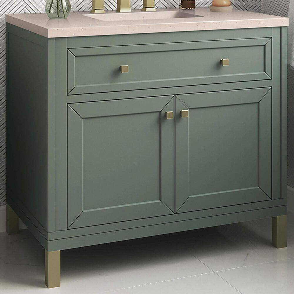 James Martin Vanities Chicago 36&quot; Single Bathroom Vanity in Smokey Celadon with 3 cm Eternal Marfil Quartz Top and Rectangular Sink, , large