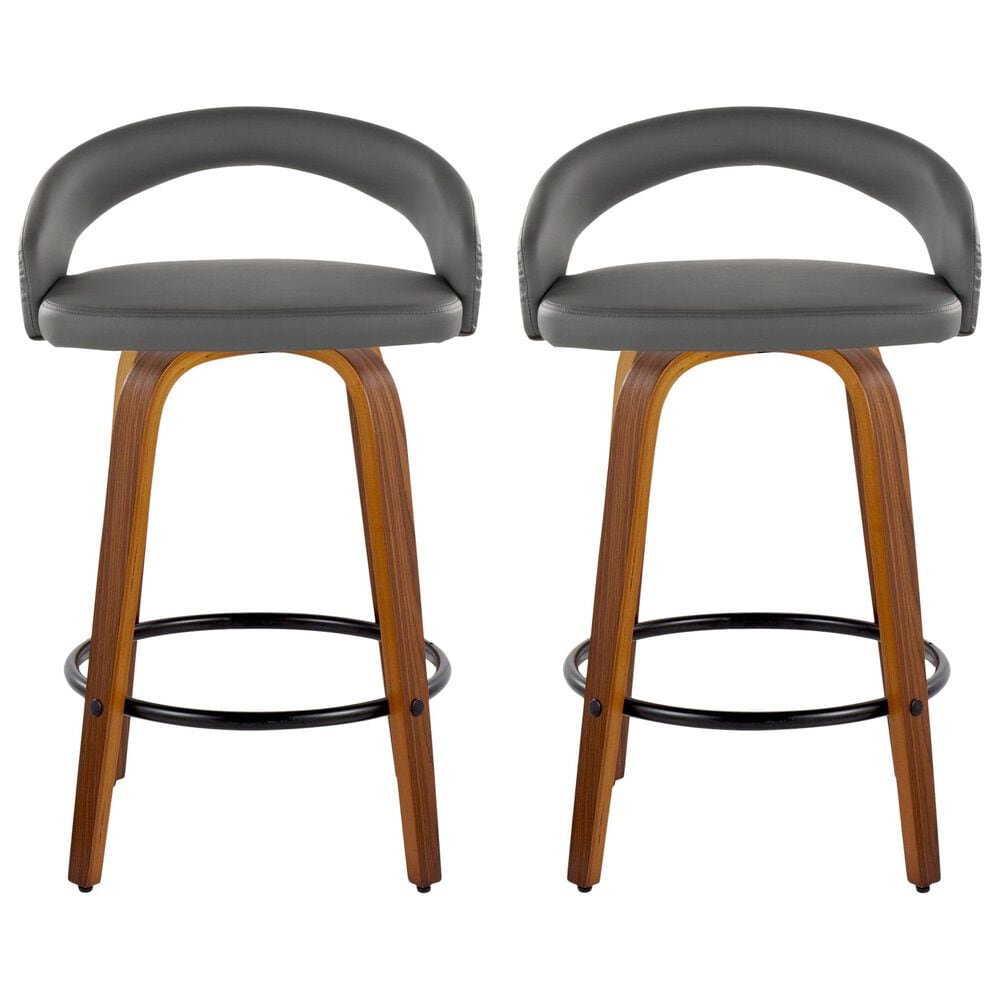 LumiSource Grotto Swivel Counter Stool with Grey Faux Leather Upholstery in Walnut Wood and Black (Set of 2), , large