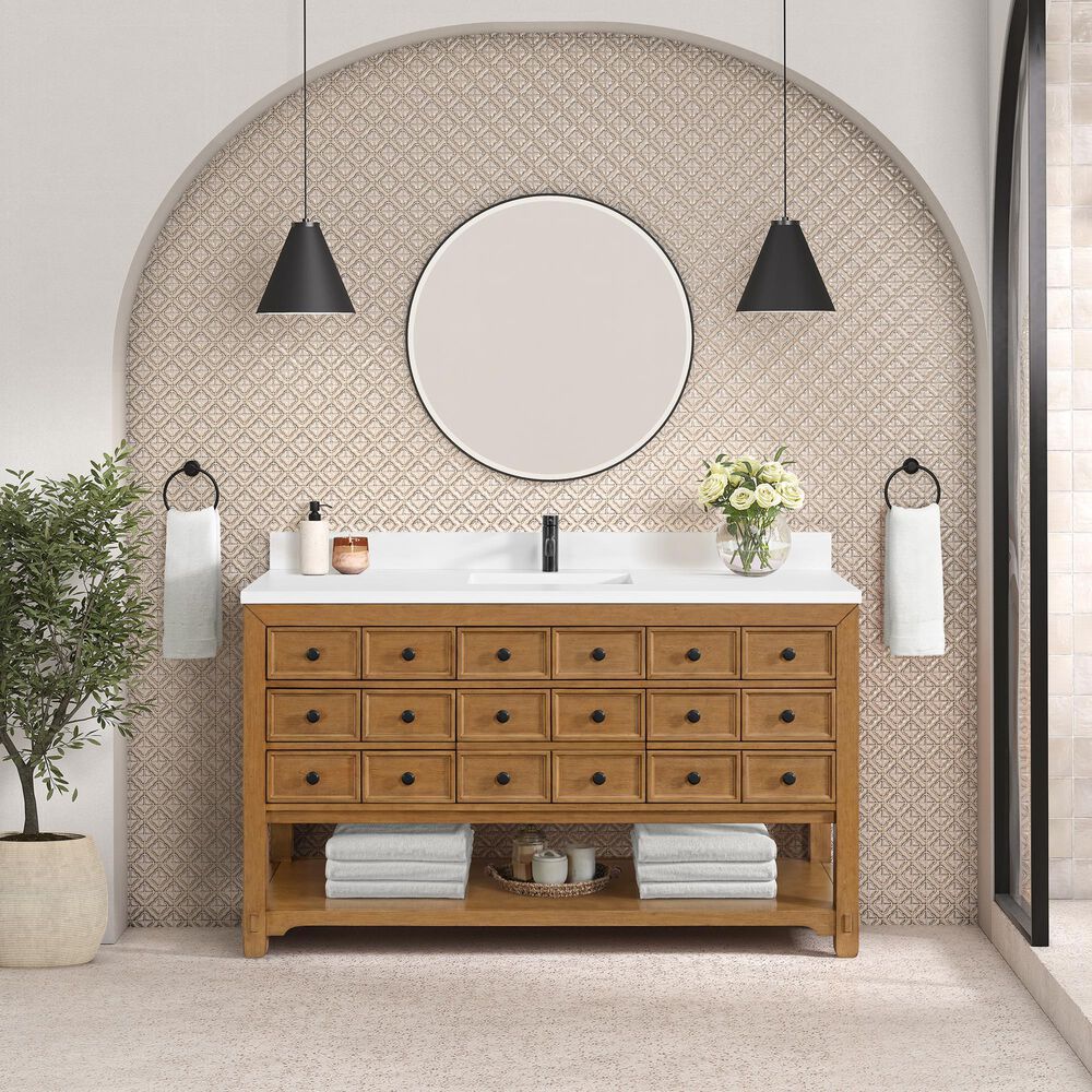 James Martin Malibu 60&quot; Single Bathroom Vanity in Amber Birch with Single Hole 3 cm White Zeus Quartz Top and Rectangular Sink, , large