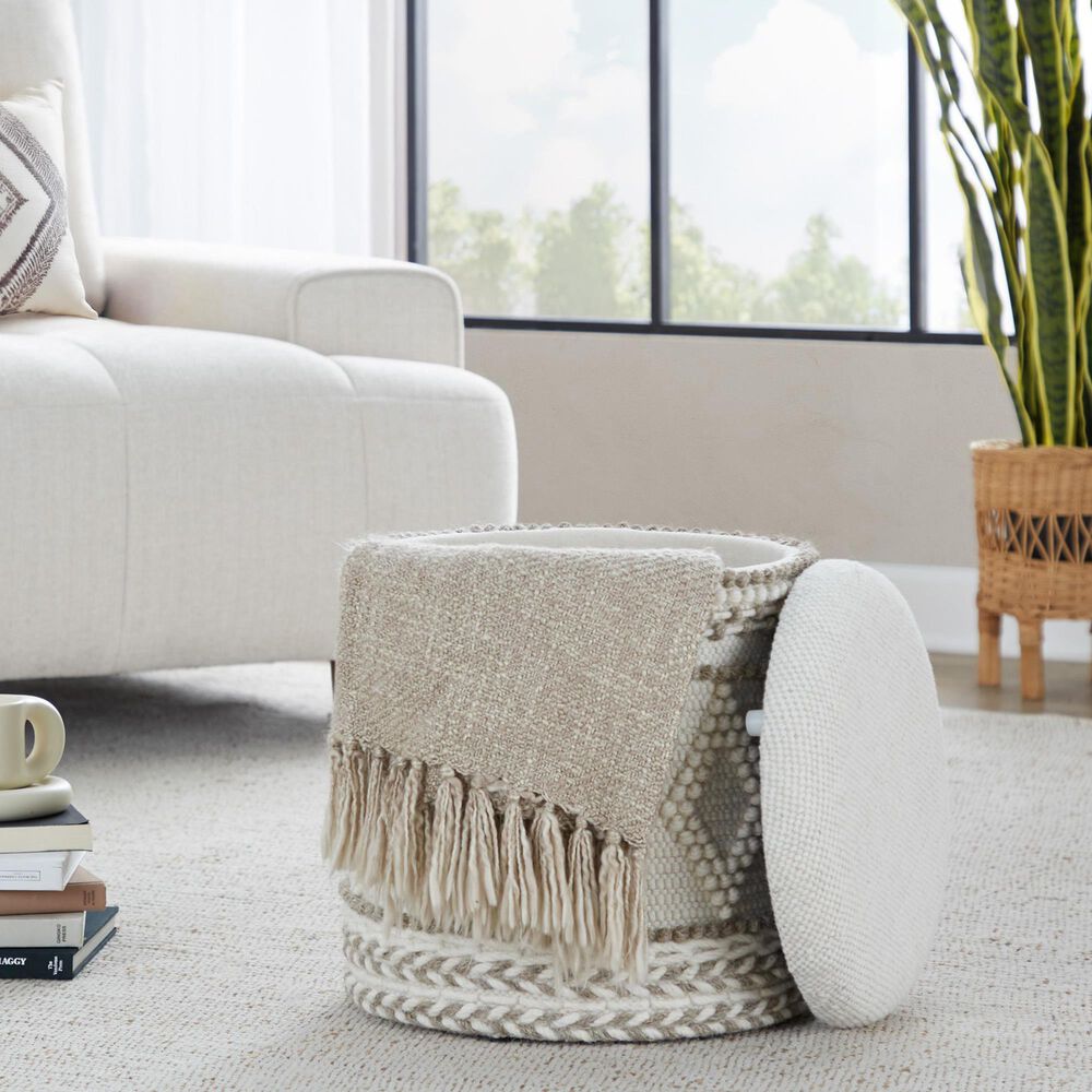 LumiSource Tahoe 18" Pom Pom Storage Ottoman in Beige, , large