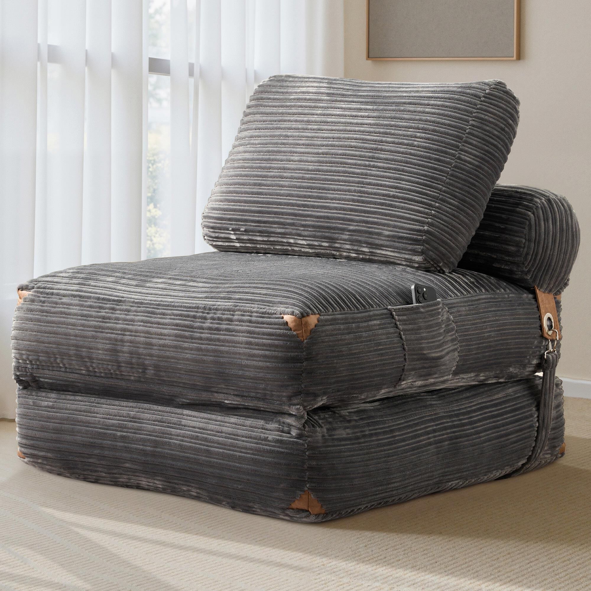 HOMLUX Convertible Sleeper Chair with Pillow and Back Support in Grey