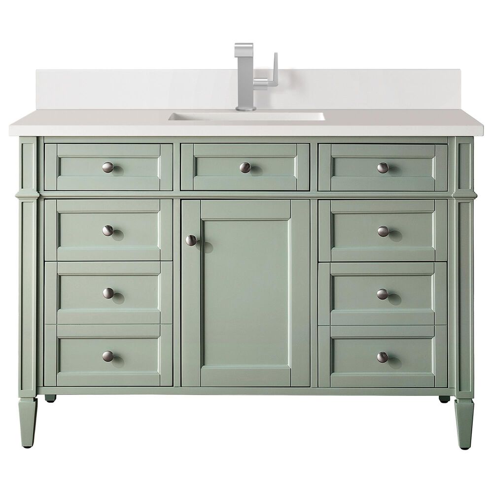 James Martin Vanities Brittany 48" Single Bathroom Vanity in Sage Green with Single Hole 3 cm White Zeus Quartz Top and Rectangular Sink, , large