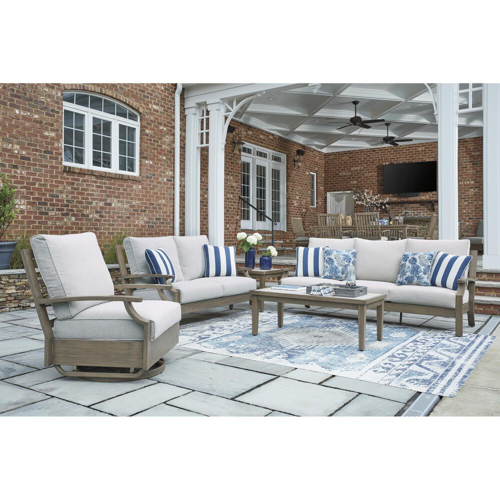 Ashley Rainier Ranch Outdoor Loveseat with Beige Cushion in Brown, , large