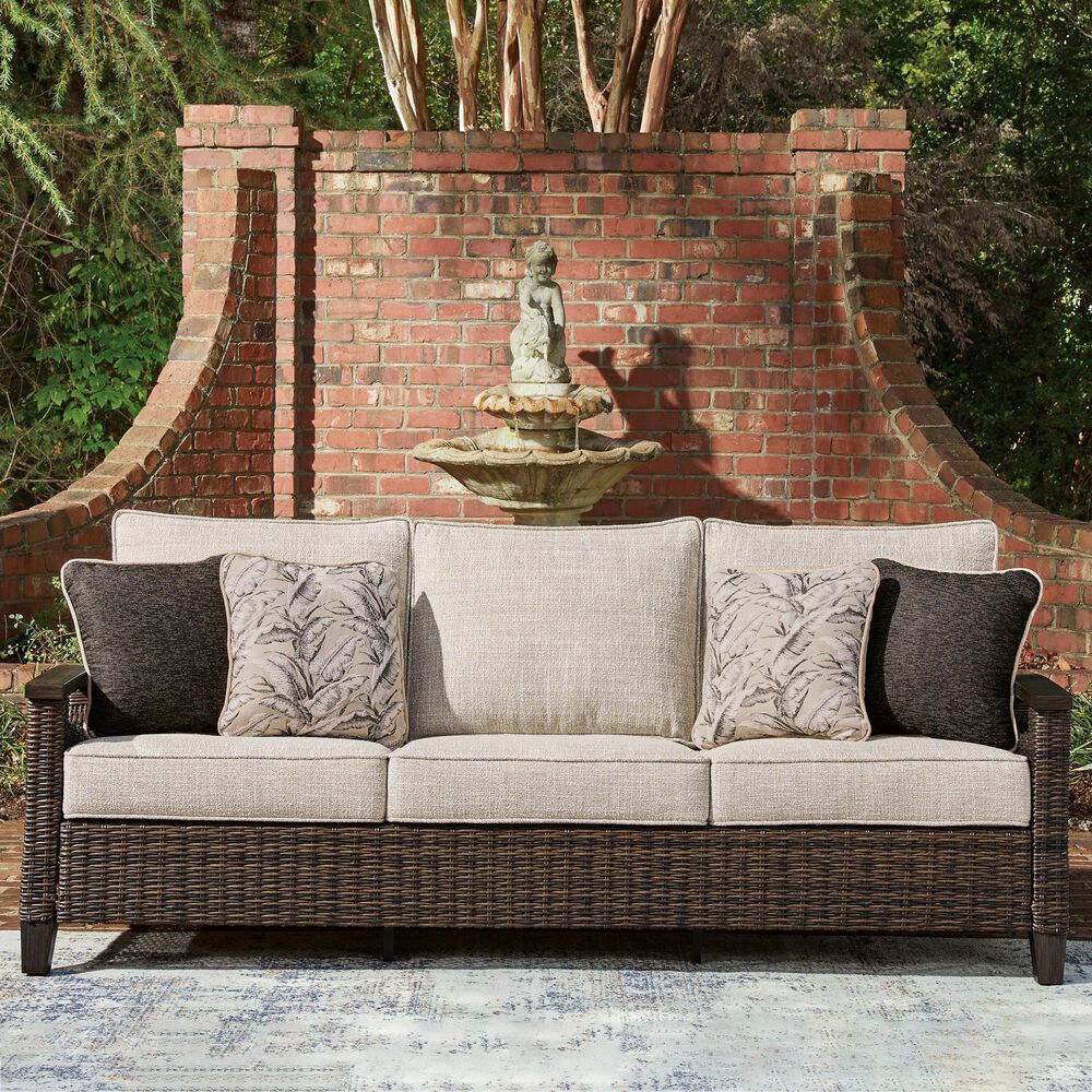 Ashley Monterey Point Stationary Sofa with Beige Cushions in Dark Brown, , large