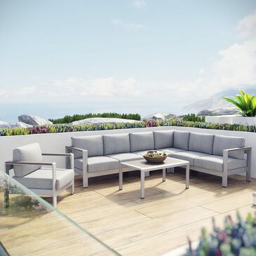 Modway Shore 6-Piece Outdoor Patio Aluminum Sectional Sofa Set in Silver and Gray, , large