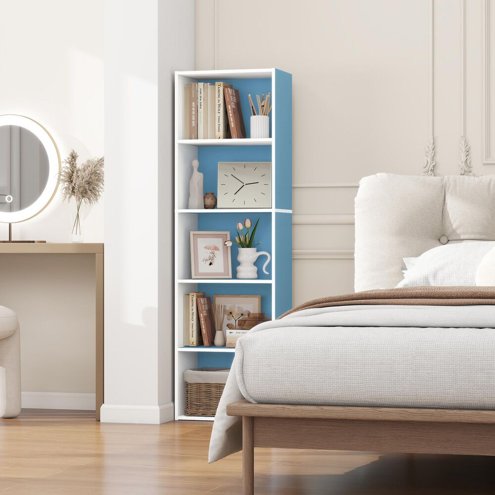 HOMLUX 5-Tier Reversible Bookshelf with Decorative Open Shelves in White and Light Blue, , large