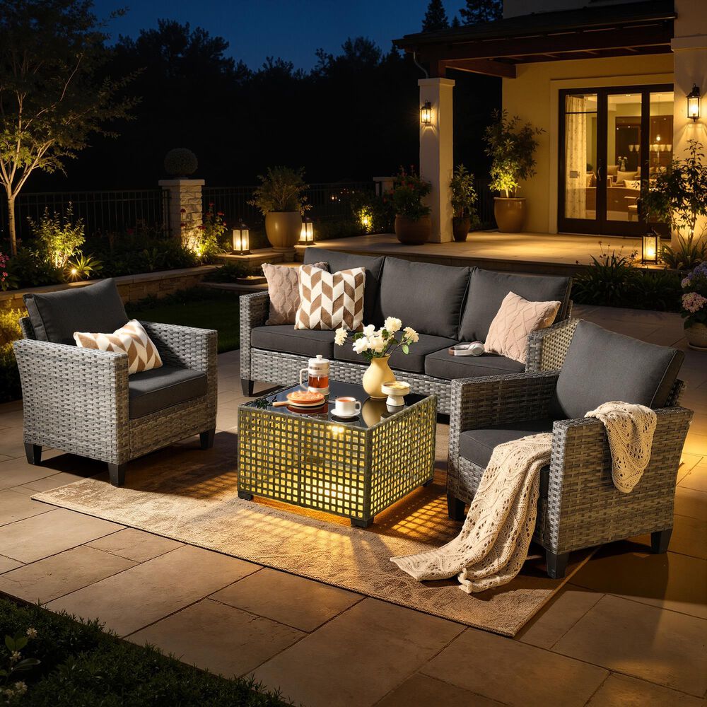 HOMLUX 4-Piece Outdoor Conversation Set with Deep-Seat Sofa in Black, , large