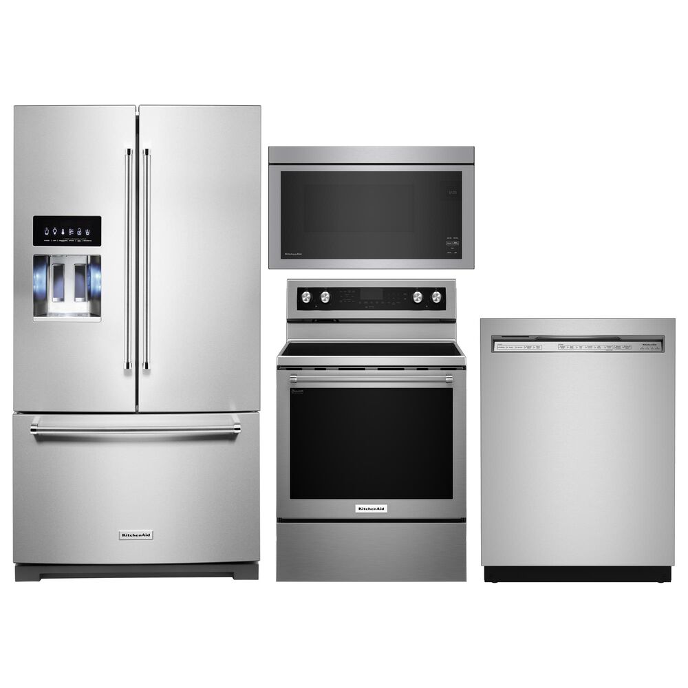 KitchenAid 4pc Kitchen Package with Refrigerator, Range, Microwave, and Dishwasher in Stainless Steel, , large