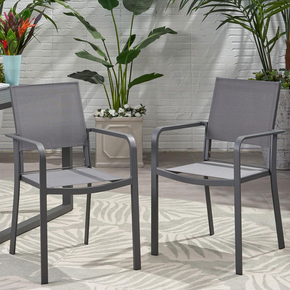 Hearth and Haven Outdoor Modern Aluminum Dining Chair with Mesh Seat in Dark Gray &#40;Set of 2&#41;, , large