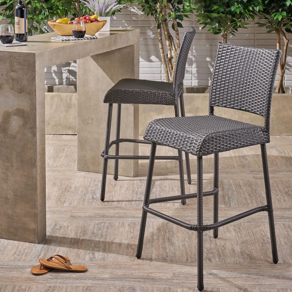 Hearth and Haven Outdoor Rattan Armless Barstool in Grey (Set of 2), , large