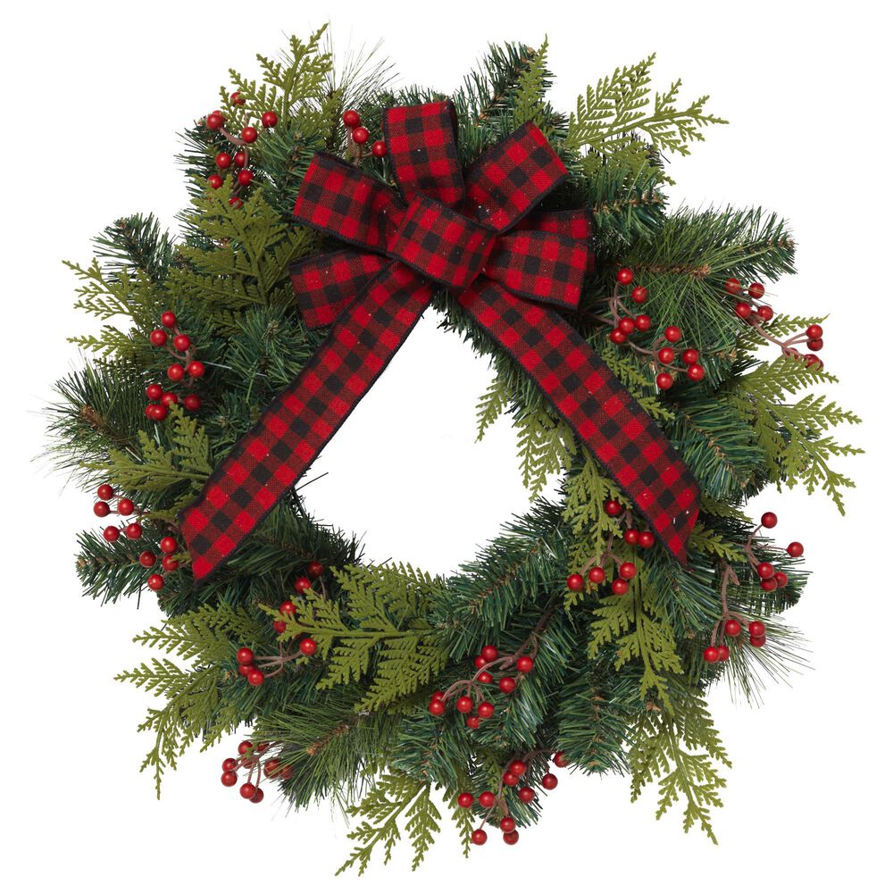 The Gerson Company 24" Holiday Pine Wreath with Berries, Bow in Green, Red and Black, , large