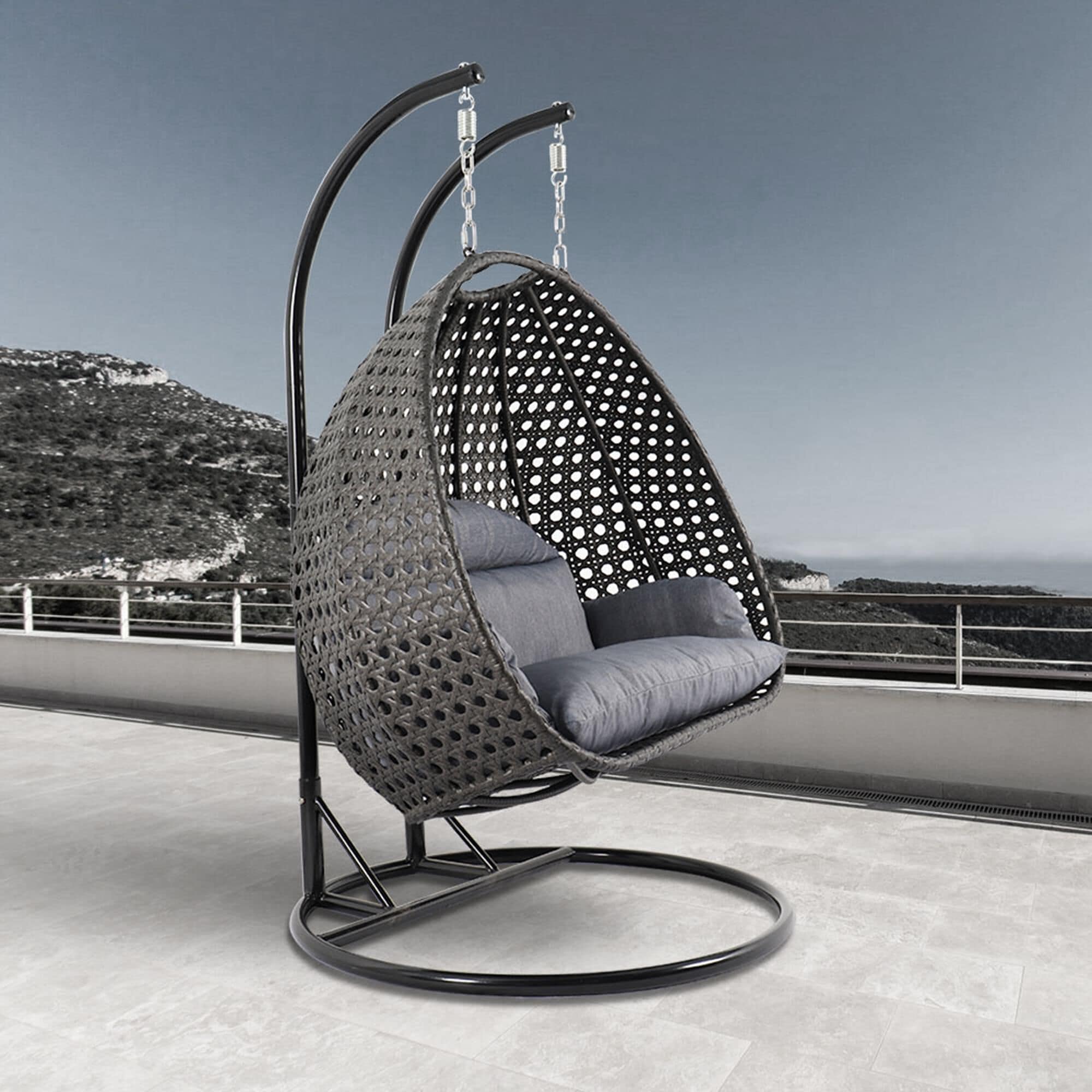 Leisuremod 57 Patio 2 Seat Hanging Egg Swing Chair with Charcoal Blue Cushion in Charcoal NFM