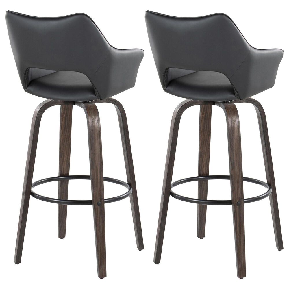 LumiSource Mustang 30" Swivel Bar Stool with Black Faux Leather Upholstery in Glazed Walnut and Black (Set of 2), , large