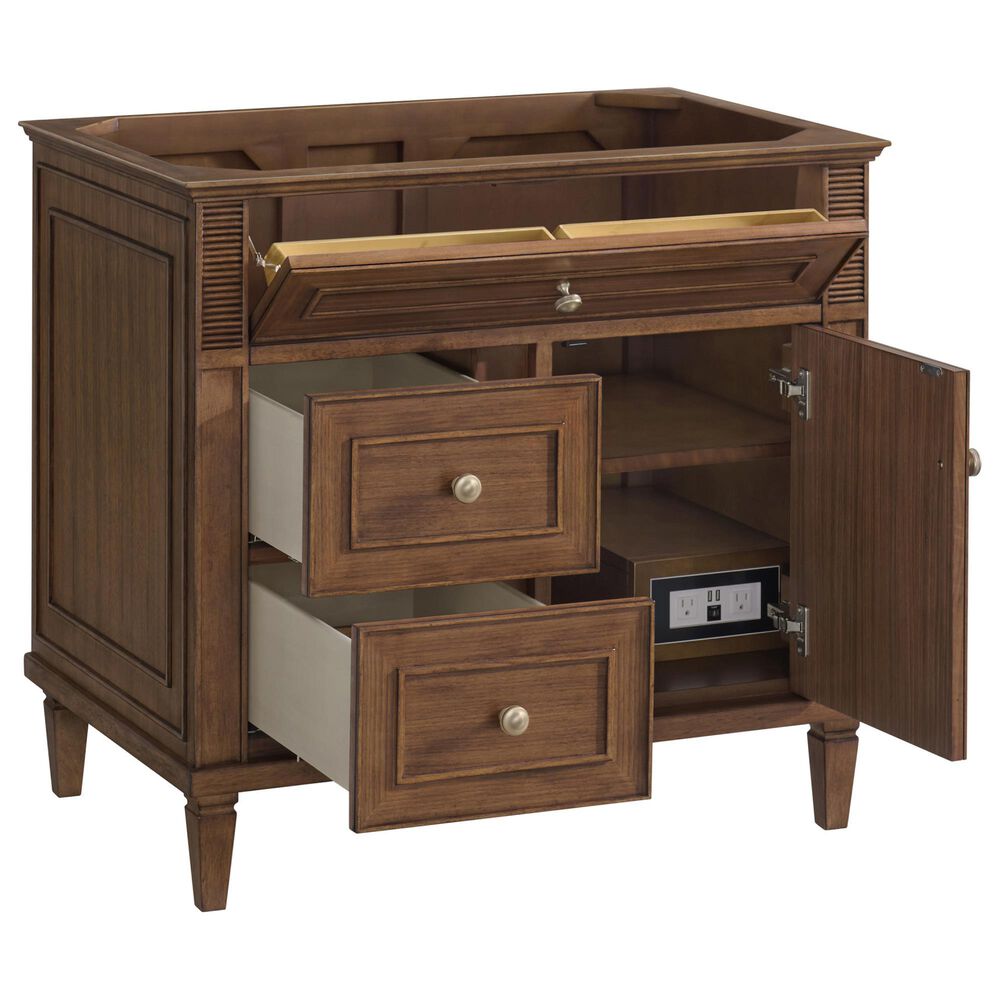 James Martin Vanities Lorelai 36&quot; Single Vanity in Mid-Century Walnut with Single Hole 3 cm and White Zeus Quartz Top &amp; Backsplash, , large