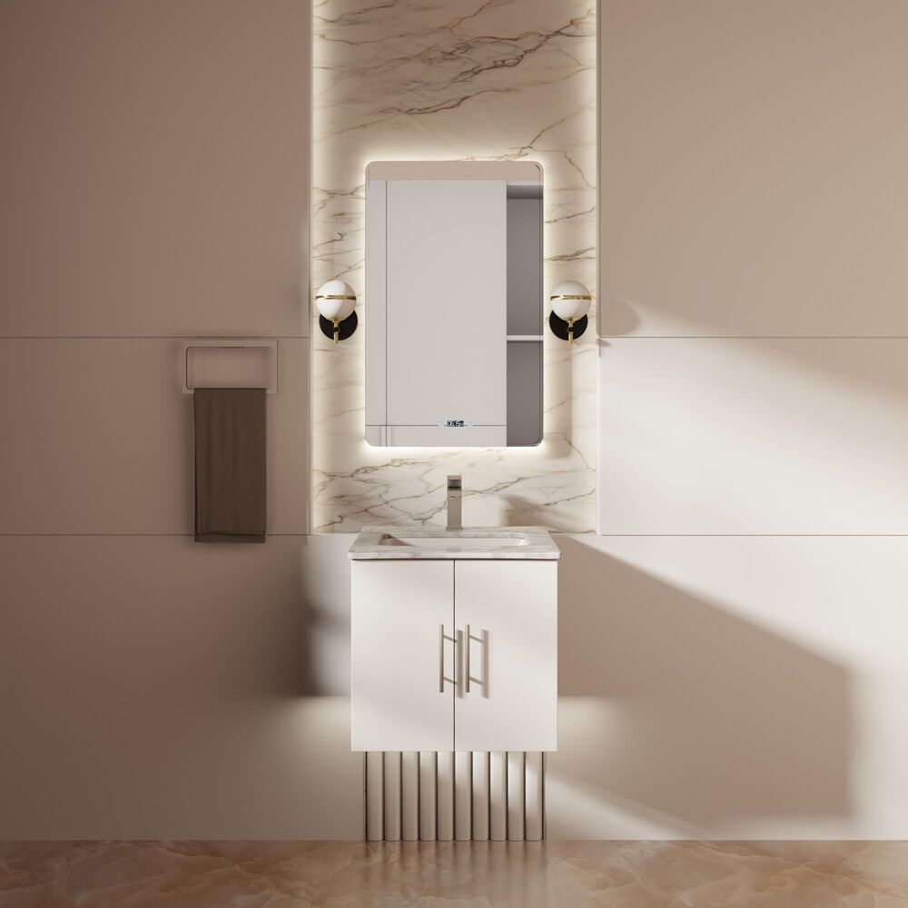 Lexora Home Geneva 24" Single Bathroom Vanity in Glossy White with 2 cm White Carrara Marble Top and Rectangular Sink, , large