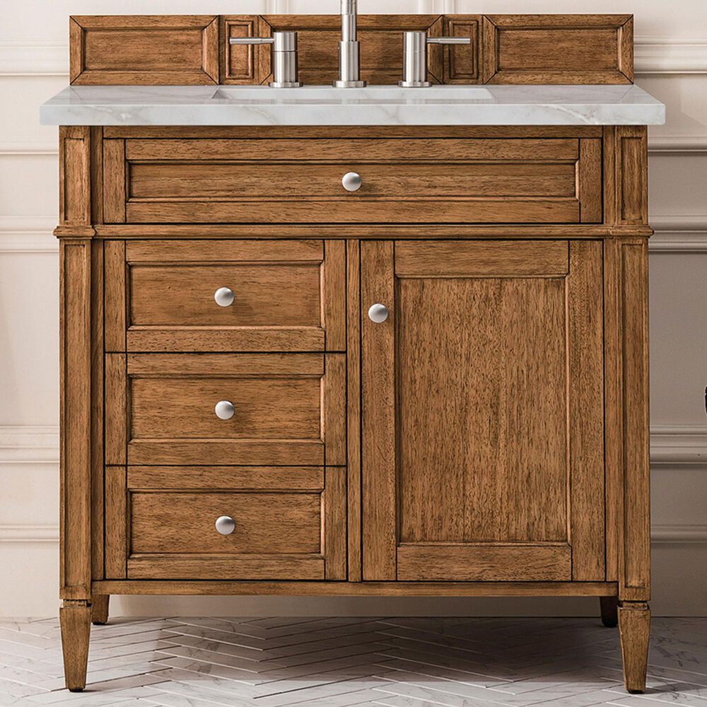 James Martin Vanities Brittany 36&quot; Single Bathroom Vanity in Saddle Brown with 3 cm Victorian Silver Quartz Top and Rectangular Sink, , large