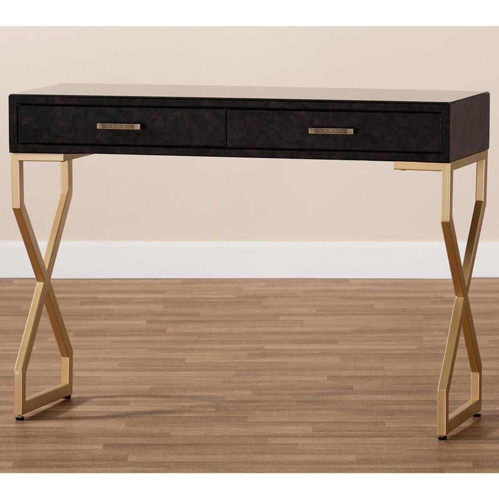Baxton Studio Carville 2-Drawer Console Table in Dark Brown Faux Leather and Gold, , large