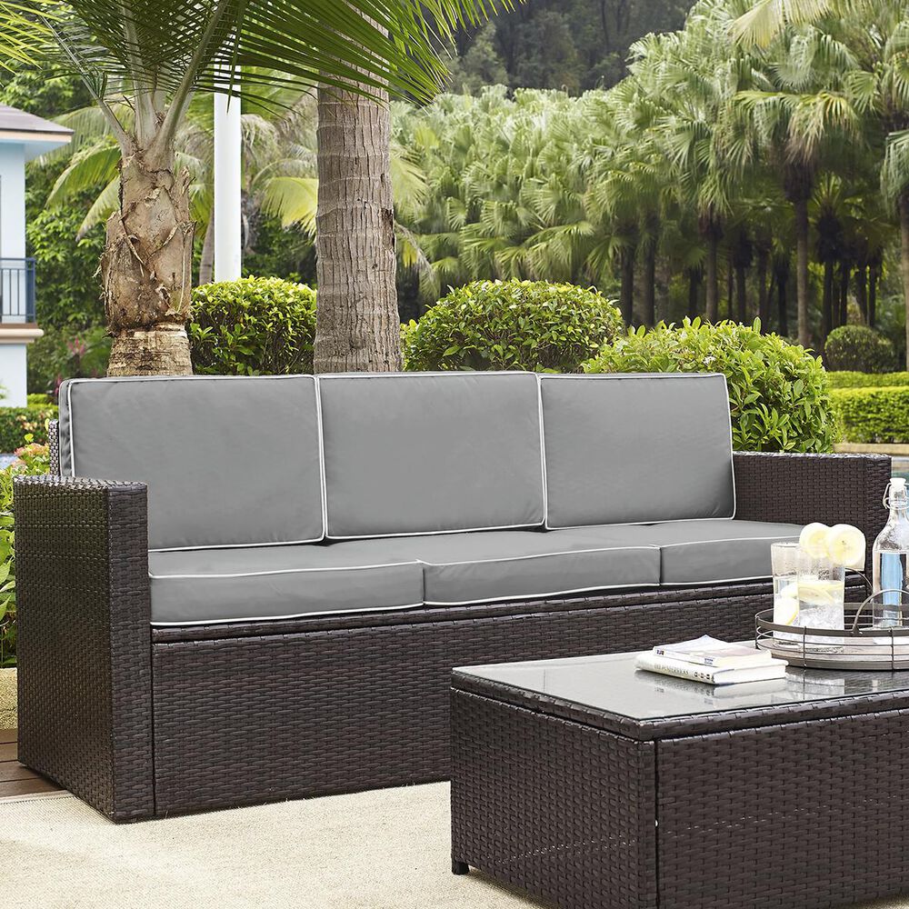 Firefly Palm Harbor Outdoor Wicker Sofa in Brown with Grey Cushions, , large