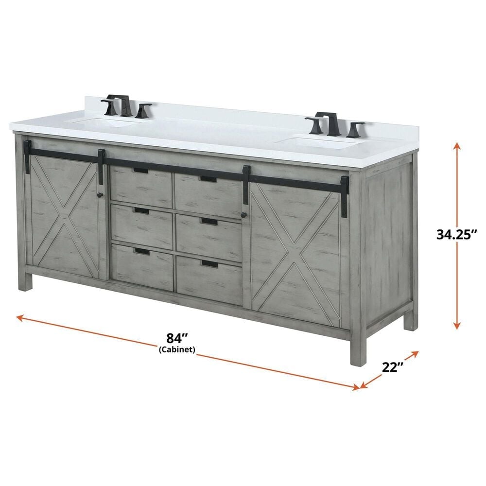 Lexora Home Marsyas 84&quot; Double Bathroom Vanity in Ash Grey with 2 cm White Cultured Marble Top and Rectangular Sinks, , large