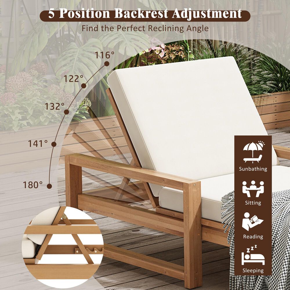 HOMLUX Adjustable Outdoor Chaise Lounge with Armrests and Light Teak Frame in Beige (Set of 2), , large