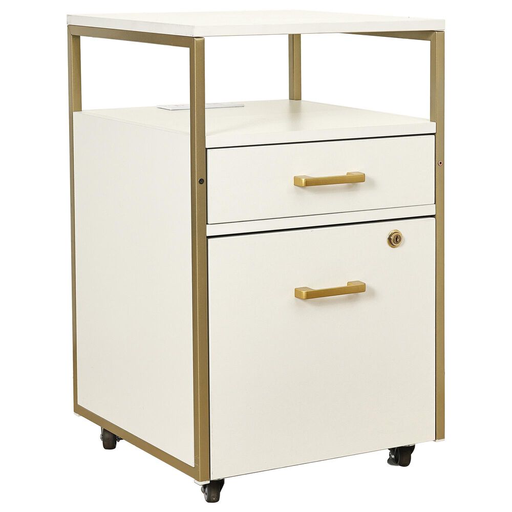 Rta Products Llc Modern Rolling File Cabinet with USB Charging Ports and Power Outlet in White and Gold, , large