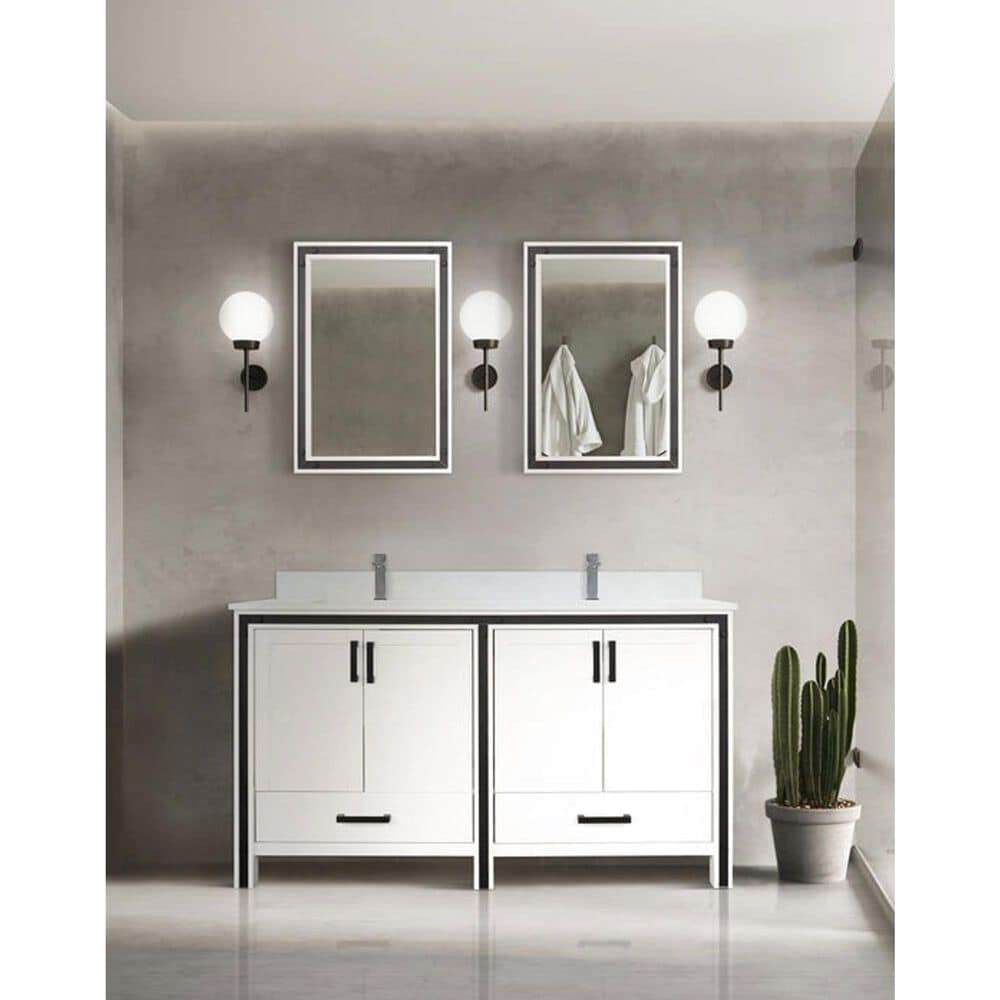 Lexora Home Ziva 60&quot; Double Bathroom Vanity in White with 2 cm White Quartz Top and Rectangular Sinks, , large