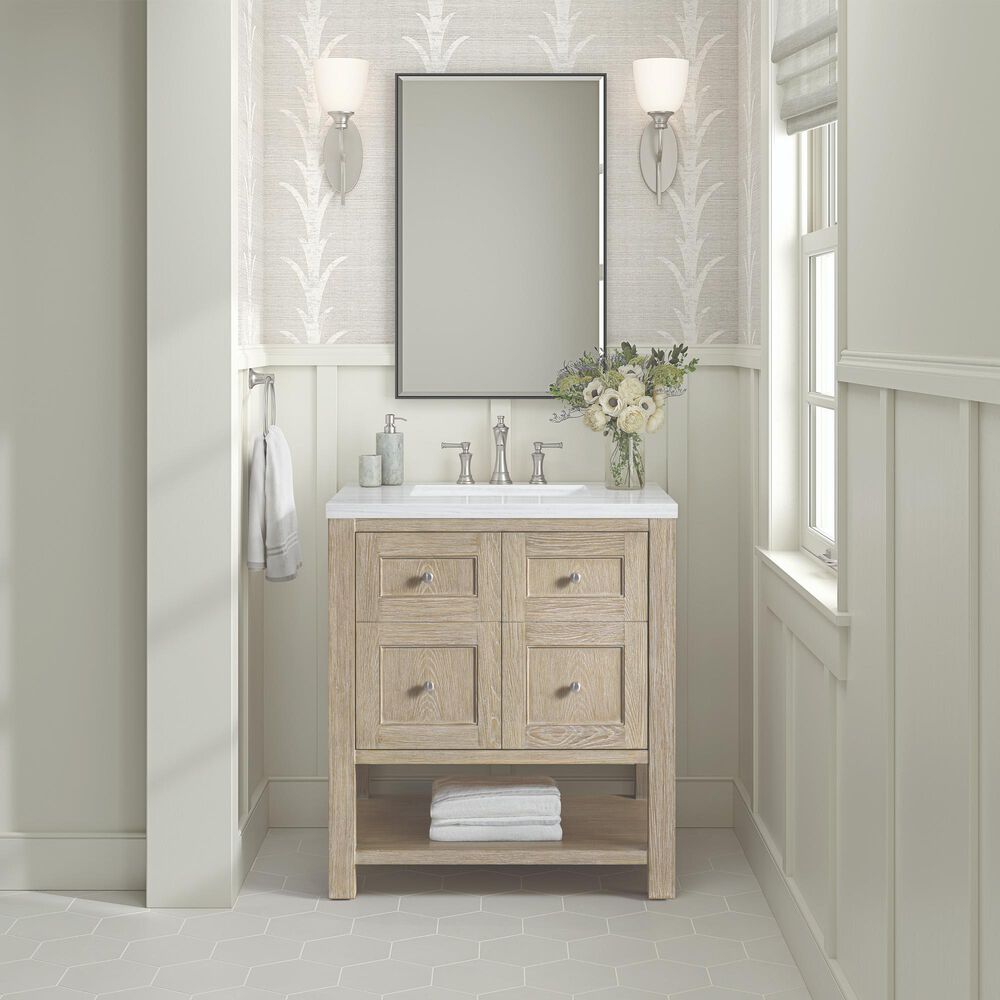 James Martin Vanities Breckenridge 30&quot; Single Bathroom Vanity in Serenity Blue with 3 cm Arctic Fall Solid Surface Top and Rectangular Sink, , large