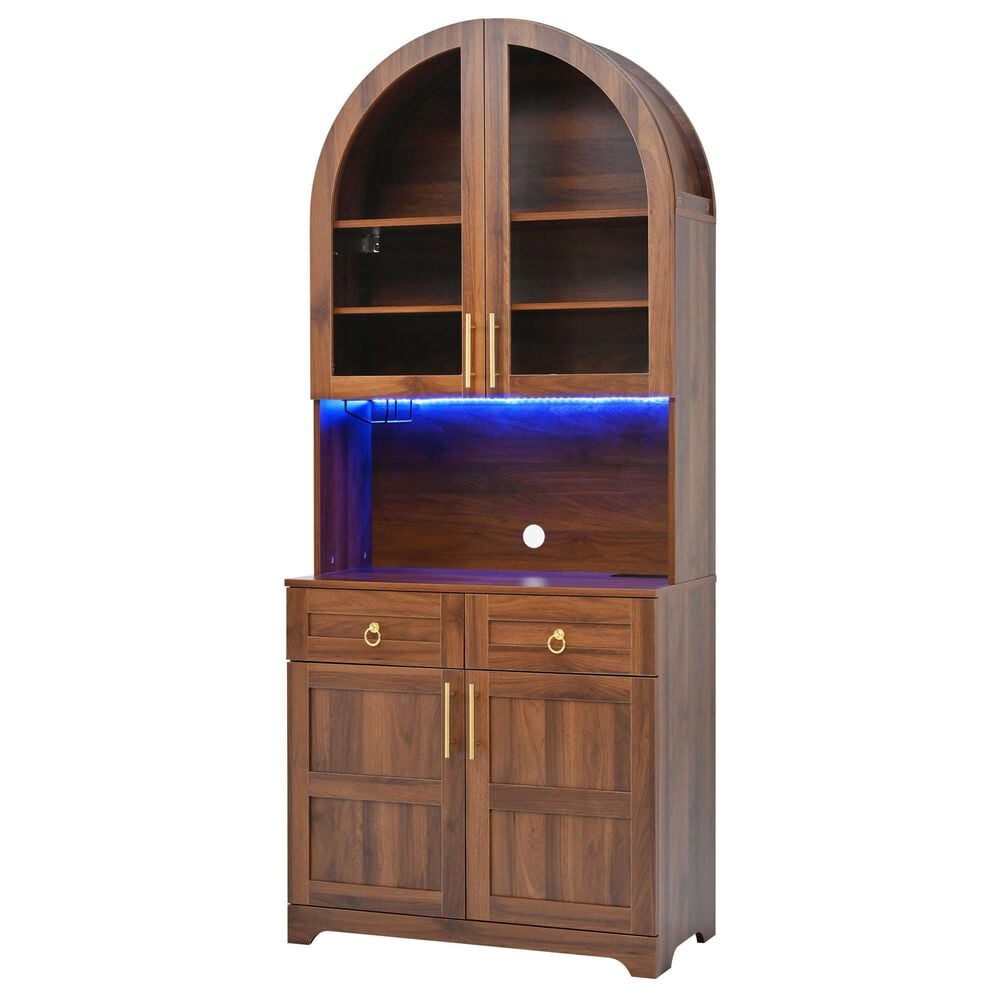 HOMLUX 75" Arched Kitchen Pantry Cabinet with LED Light in Walnut, , large