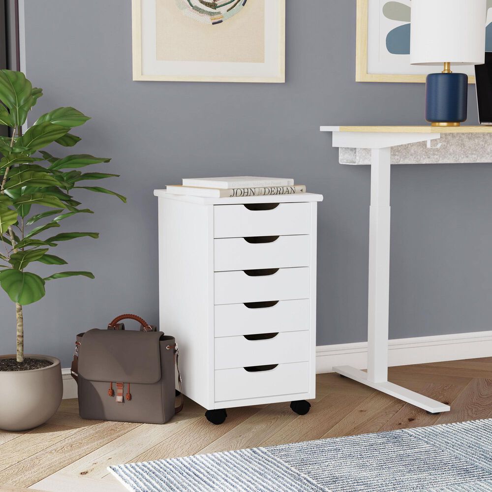 Linon Home Decor Cary 6-Drawer Rolling Cart in White Wash, , large