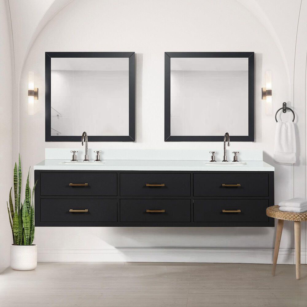 Lexora Home Castor 80&quot; Double Bathroom Vanity in Black with 2 cm White Quartz Top and Rectangular Sinks, , large