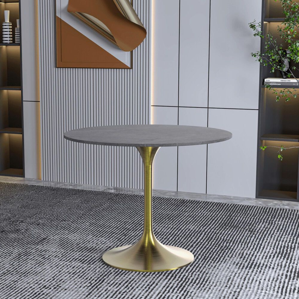 Leisuremod LeisureMod Verve Collection 36 Round Dining Table, Brushed Gold Base with Sintered Stone Grey Top, , large