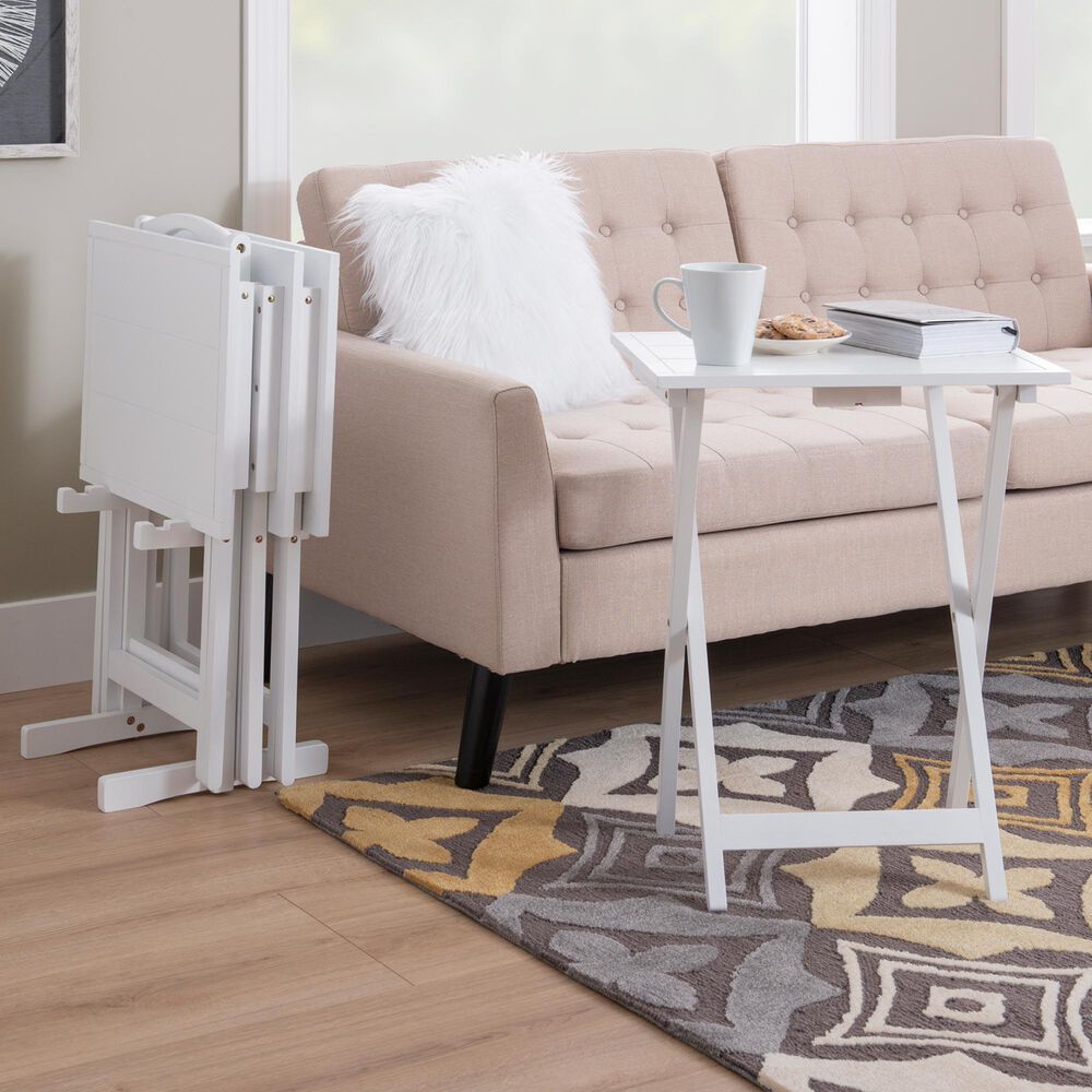 Linon Home Decor Lisbon Folding TV Tray Table Set with Stand in White (Set of 4), , large