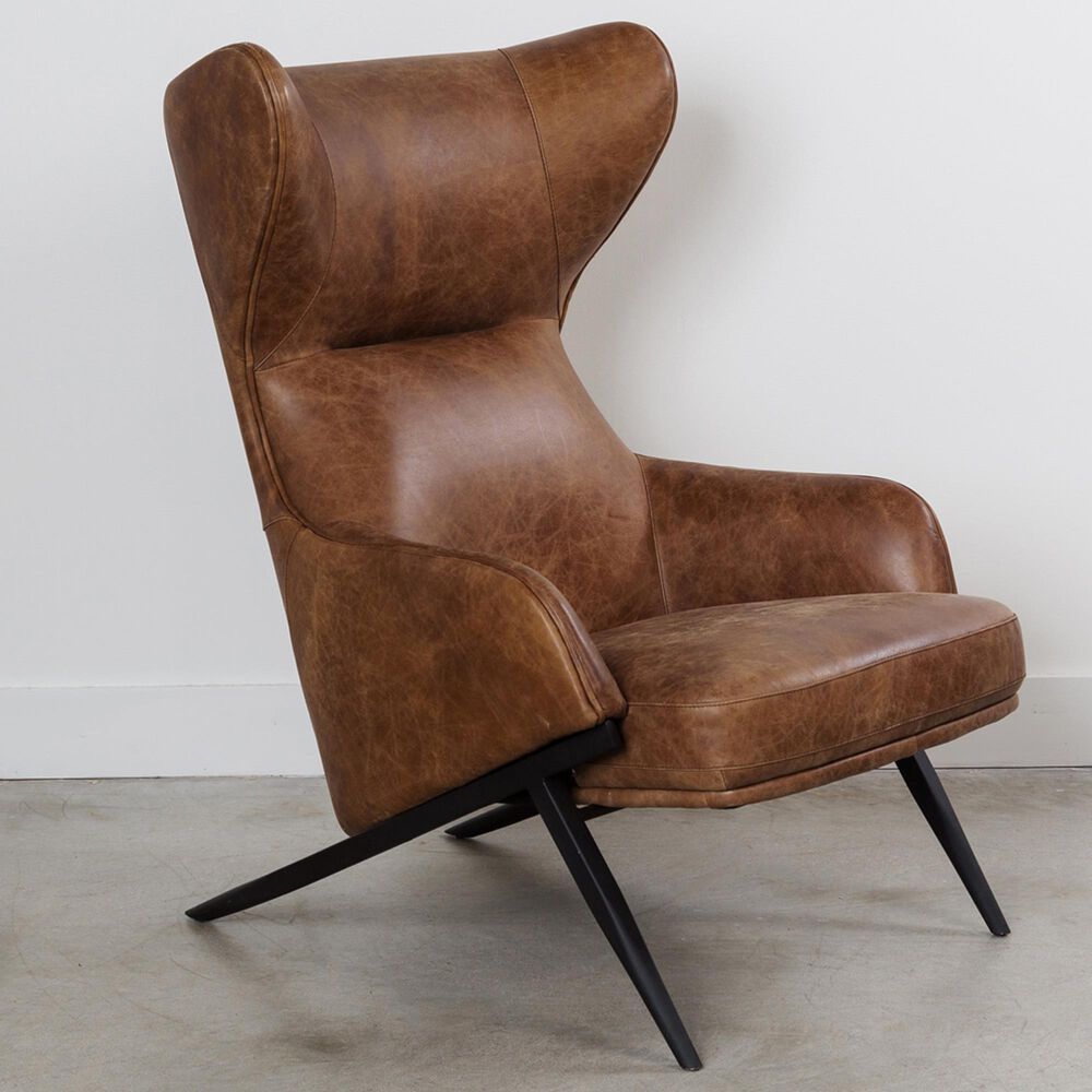 Moe&#39;s Home Collection Amos Leather Accent Chair with Orange Velvet Pillow in in Brown, , large